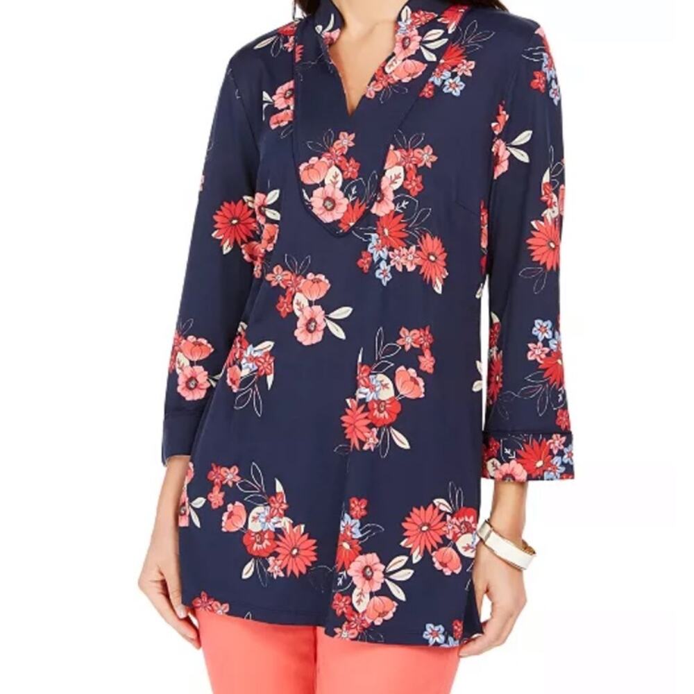Charter Club Floral Tunic Blue Pink Split Neck M Blouse Top